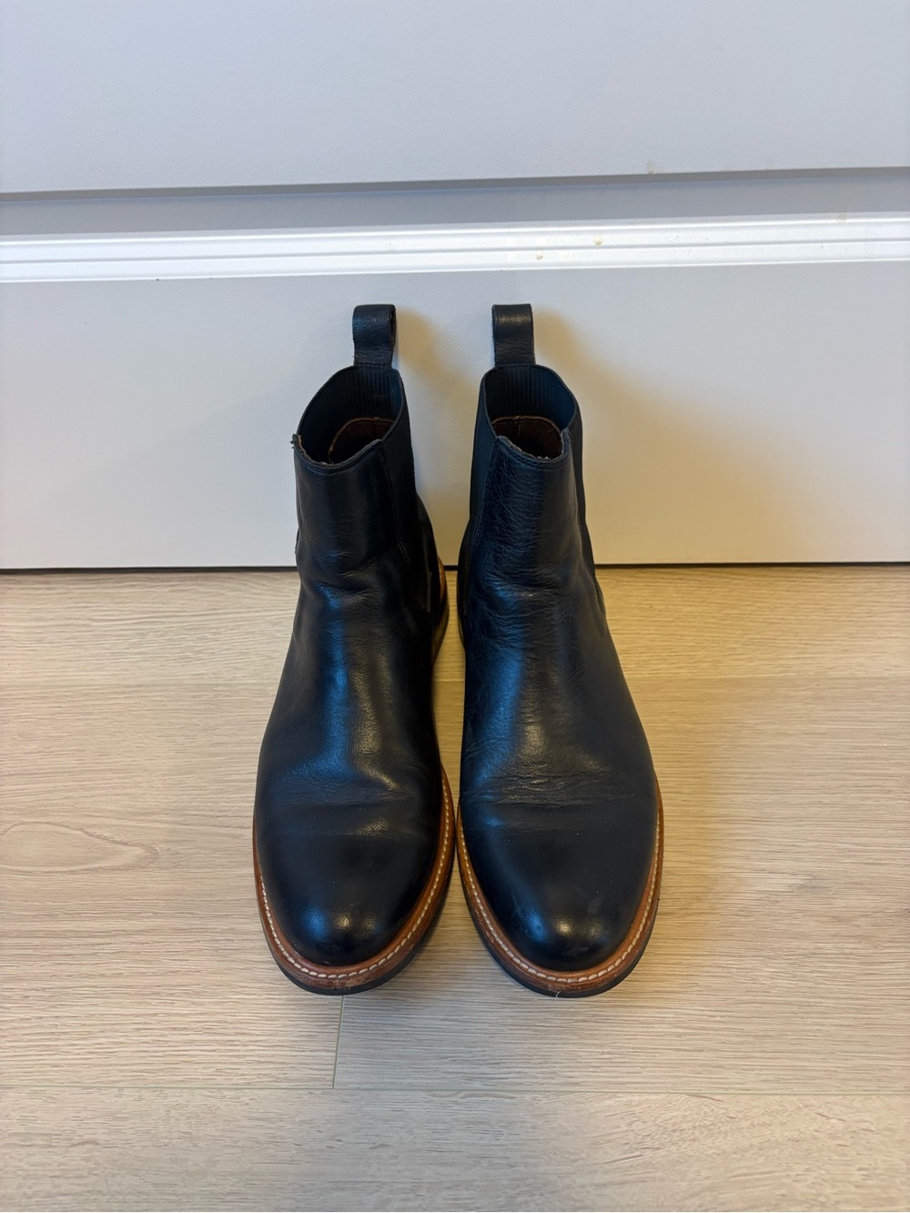 Nisolo Black Leather Chelsea Boots with Brown Welt Trim